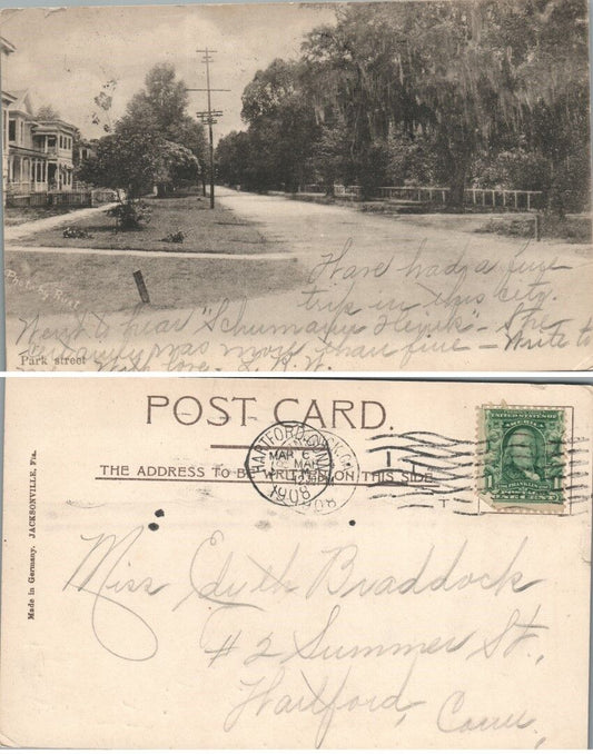 PARK STREET JACKSONVILLE FL ANTIQUE 1908 POSTCARD