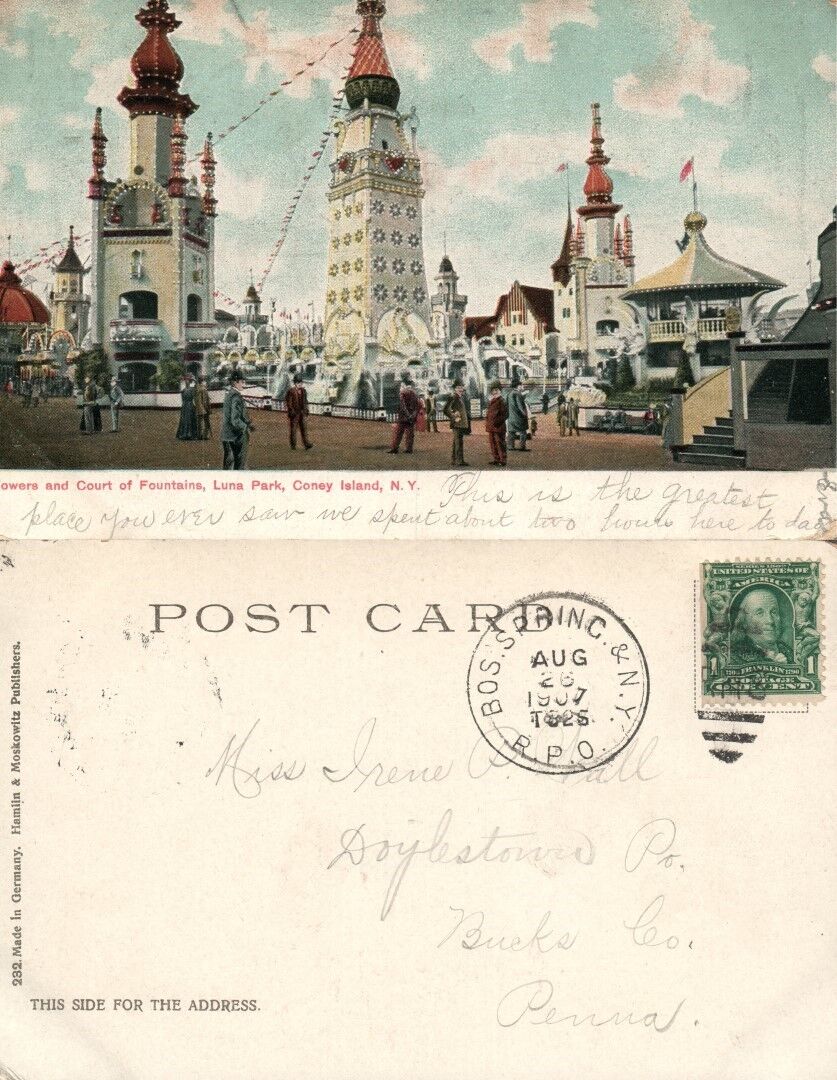 CONEY ISLAND BROOKLYN N.Y. LUNA PARK 1907 UNDIVIDED ANTIQUE POSTCARD