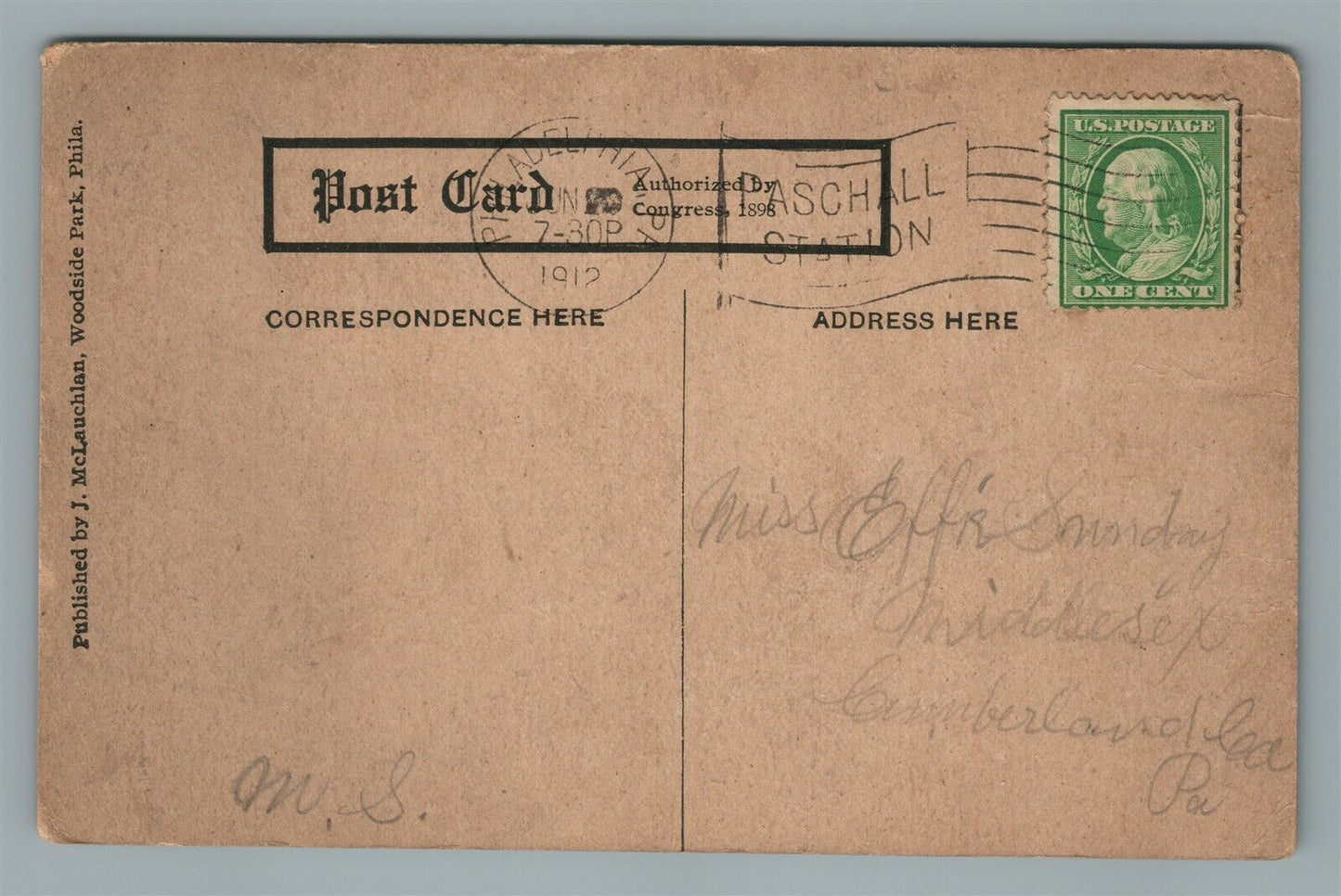 PHILADELPHIA PA WOODSIDE PARK 1912 ANTIQUE POSTCARD