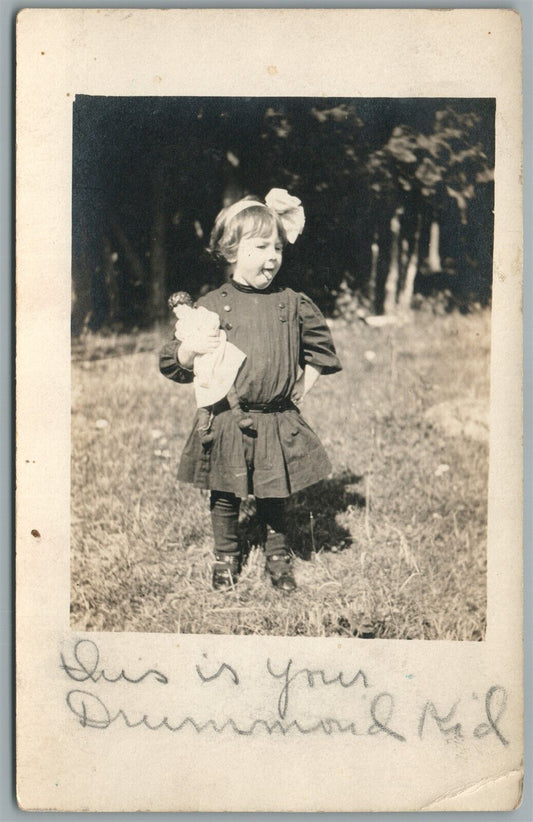 LITTLE GIRL w/ DOLL ANTIQUE REAL PHOTO POSTCARD RPPC