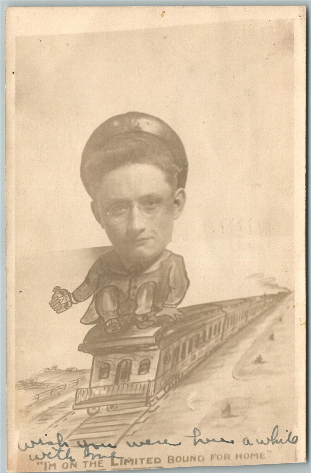 RAILROAD PHOTOMONTAGE CARTOON 1910 ANTIQUE REAL PHOTO POSTCARD RPPC train