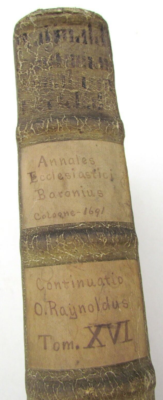 1691 BLIND-STAMPED PIGSKIN OVER WOODEN BOARDS FOLIO ANNALES ECCLESIASTICI Vol.16