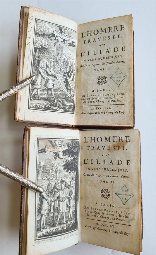 1716 ILIAD by HOMER 2 VOLUMES ILLUSTRATED antique L'HOMER TRAVESTI OU L'ILIADE