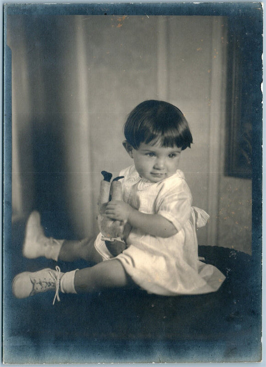 LITTLE GIRL w/ TOY CLOWN ANTIQUE REAL PHOTO