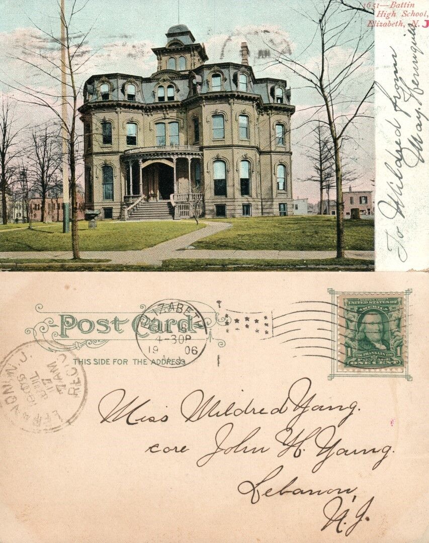 ELIZABETH N.J. BATTIN HIGH SCHOOL 1906 UNDIVIDED ANTIQUE POSTCARD