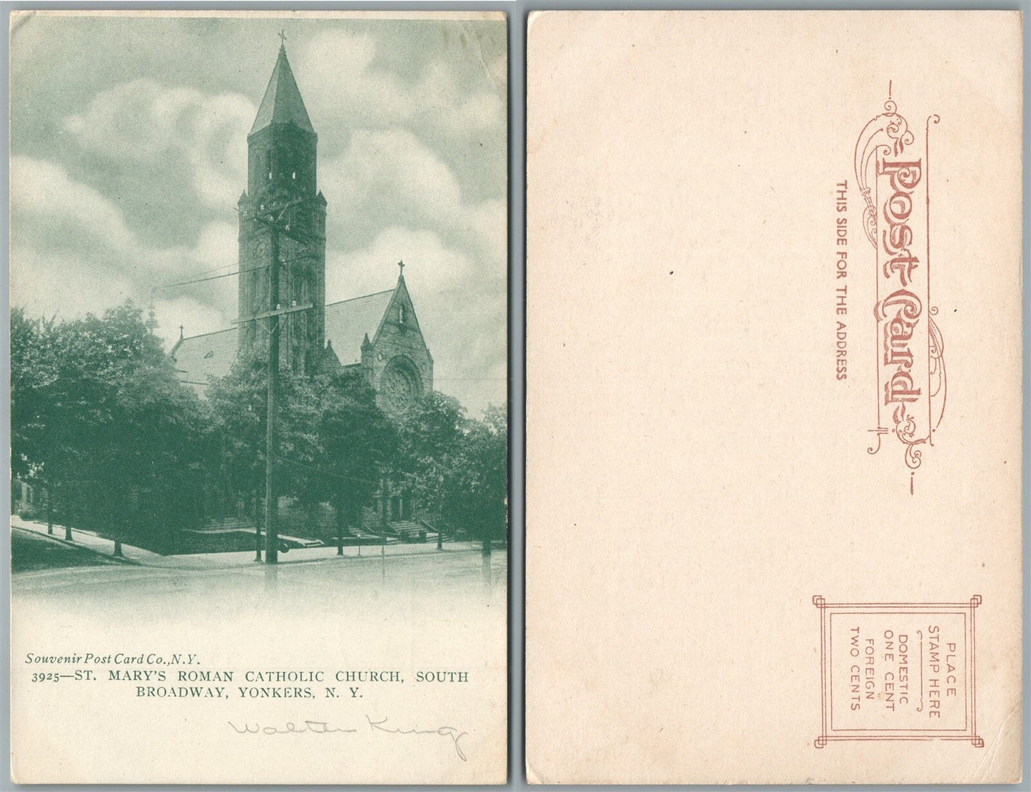 YONKERS SOUTH BROADWAY MARY'S ROMAN CATHOLIC CHURCH UNDIVIDED ANTIQUE POSTCARD