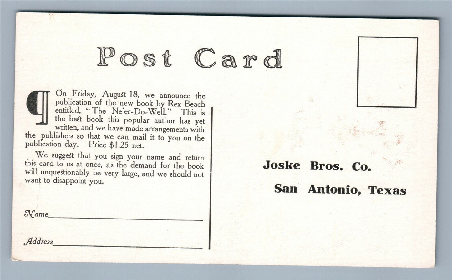 SAN ANTONIO TX BOOK PUBLISHER JOSKE BROS. CO. ADVERTISING ANTIQUE POSTCARD