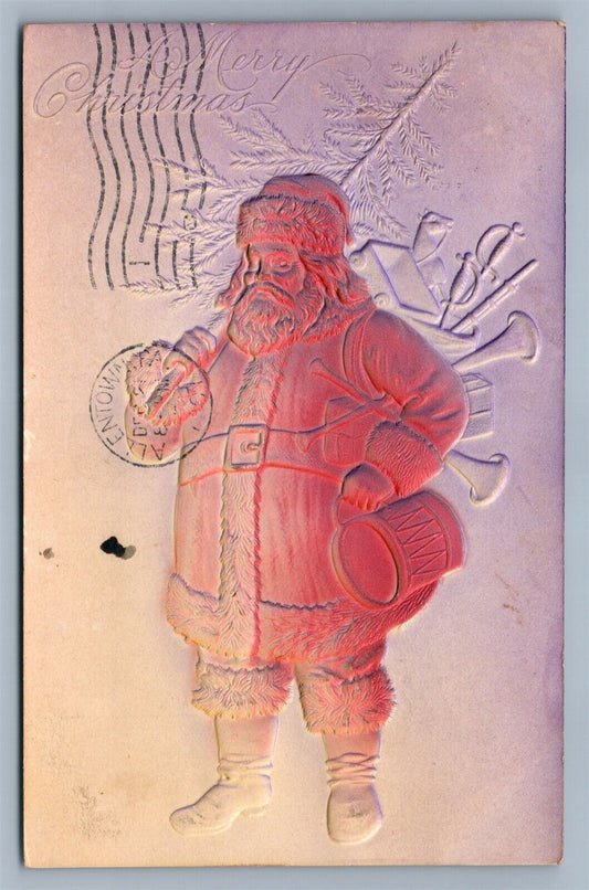 SANTA w/ CHRISTMAS TREE & DRUM EMBOSSED ANTIQUE POSTCARD