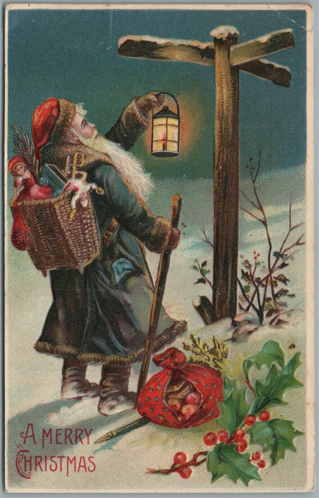 SANTA in DARK BLUE ROBE 1908 MERRY CHRISTMAS ANTIQUE POSTCARD