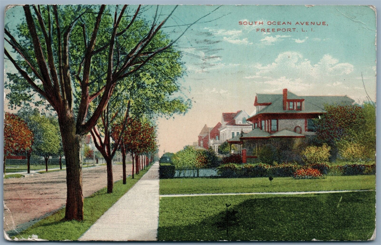 FREEPORT LONG ISLAND NY SOUTH OCEAN AVENUE 1925 ANTIQUE POSTCARD