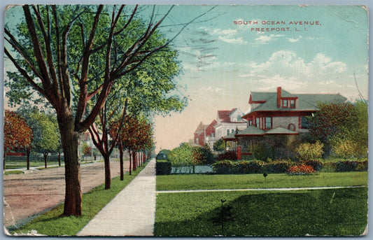 FREEPORT LONG ISLAND NY SOUTH OCEAN AVENUE 1925 ANTIQUE POSTCARD