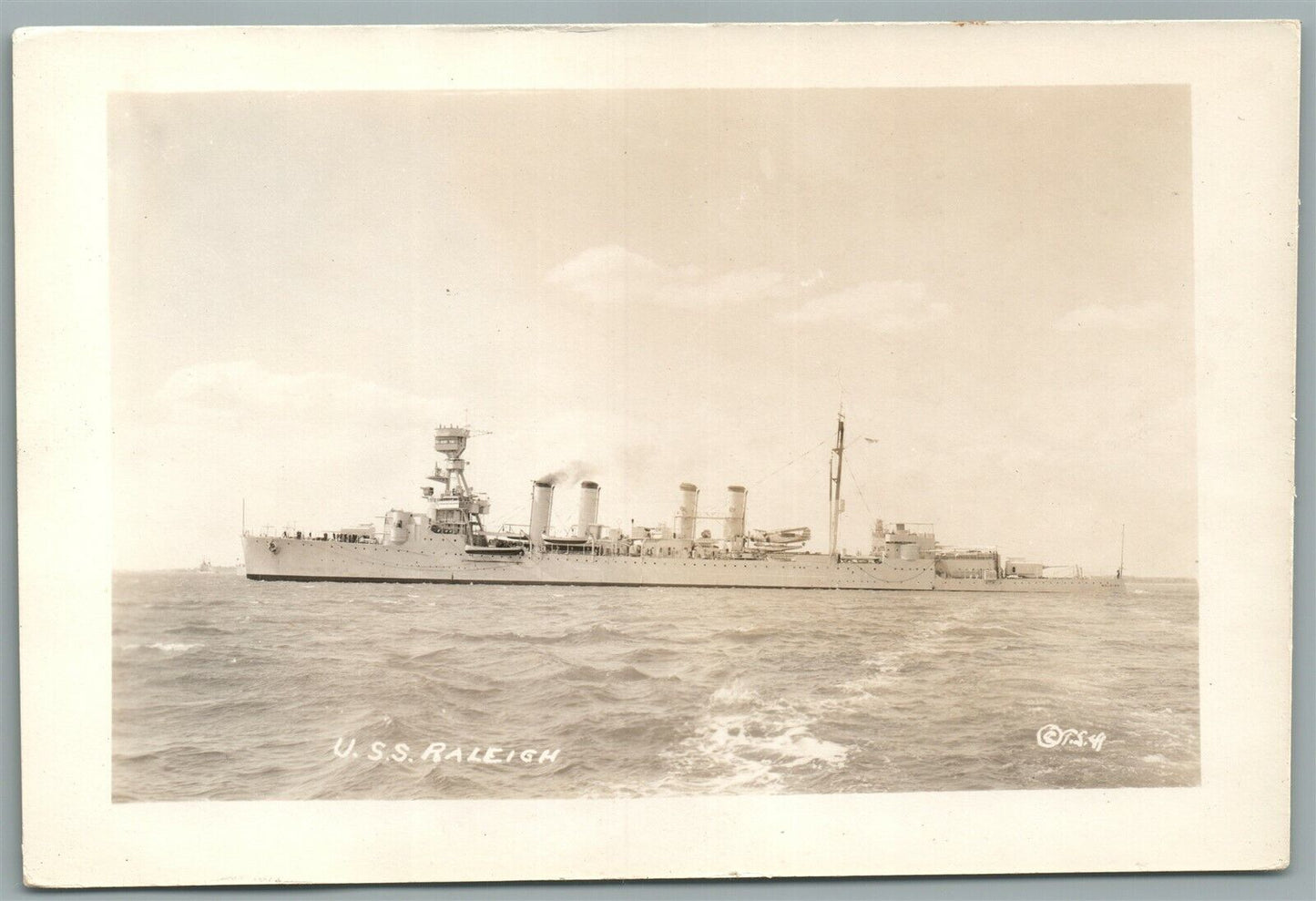 MILITARY SHIP USS RALEIGH VINTAGE REAL PHOTO POSTCARD RPPC