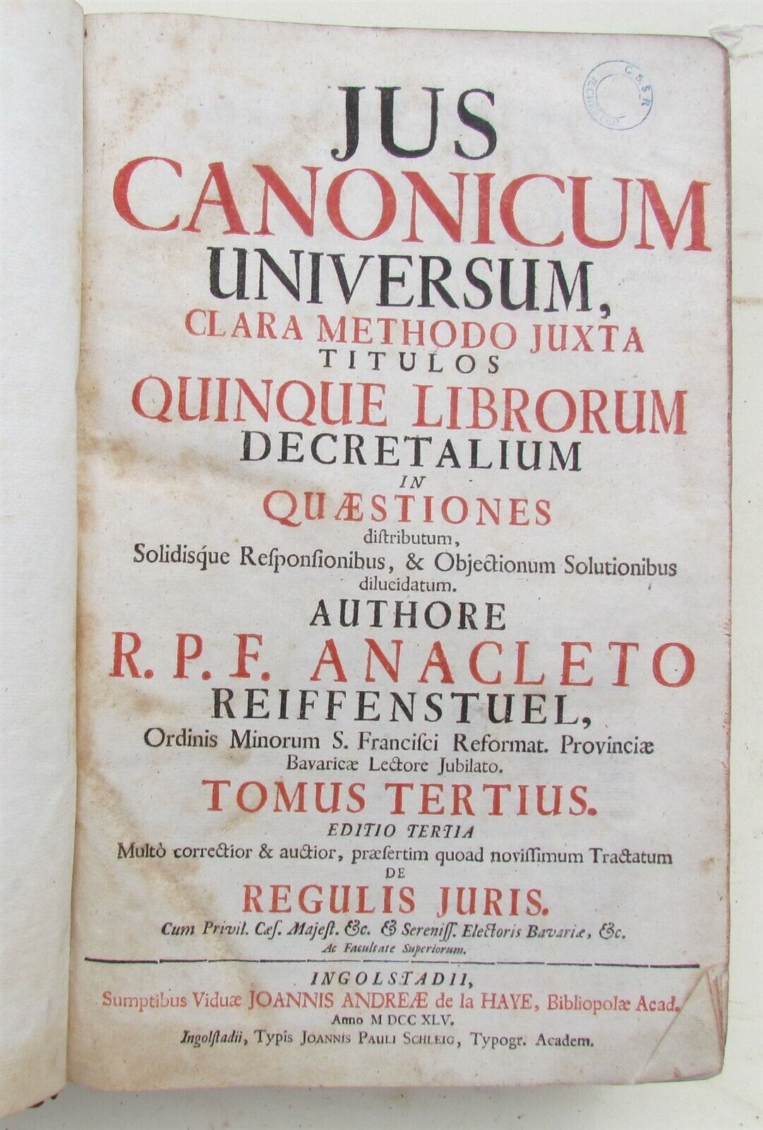 1745 JUS CANONICUM UNIVERSUM LEATHER BINDING FOILO ANAGLETO REIFFENSTUEL ANTIQUE