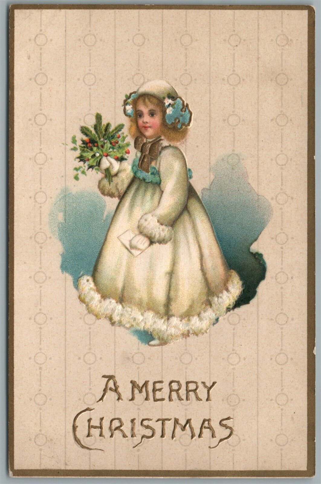 GIRL w/ FLOWERS CHRISTMAS ANTIQUE EMBOSSED POSTCARD