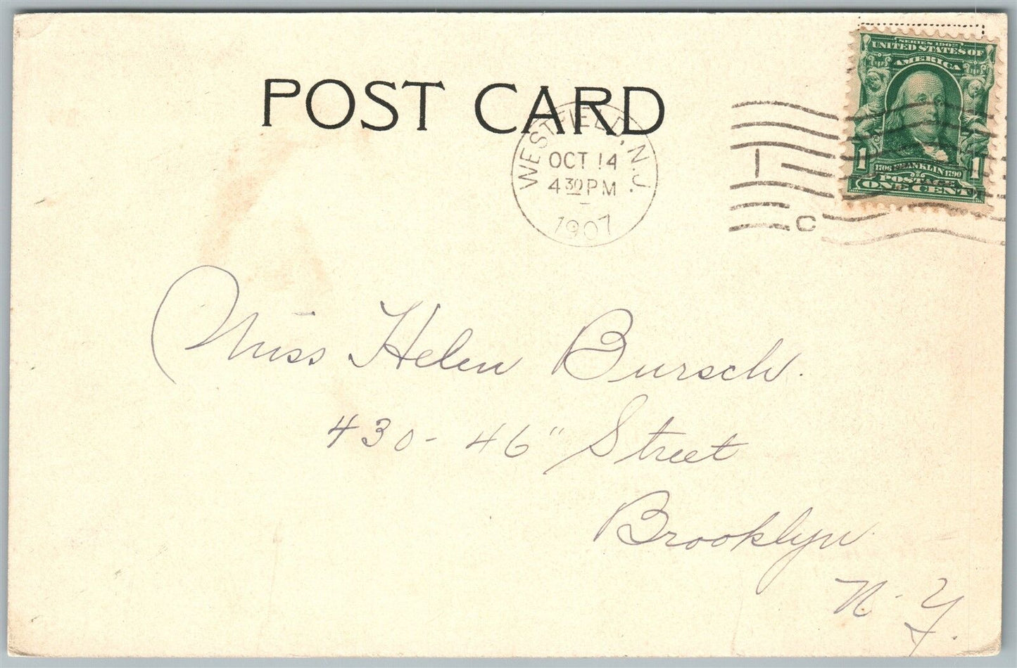 WESTFIELD NJ TOWN CLUB HOUSE UNDIVIDED 1907 ANTIQUE POSTCARD