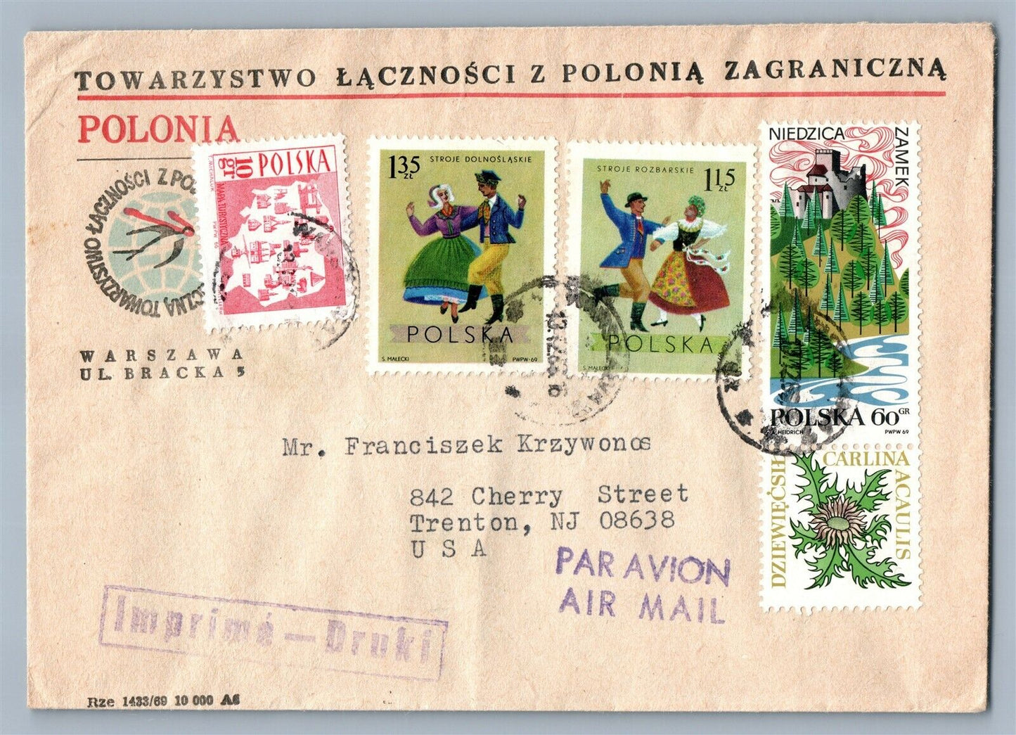 Vintage POSTAL COVER POLAND to USA Towarzystwo Lacznosci z Polonia Zagraniczna