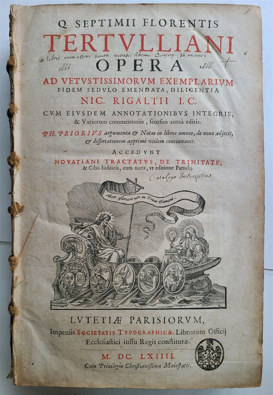 1664 OPERA AD VETUSTISSIMORUM EXEMPLARIUM FIDEM by TERTULLIAN Folio antique