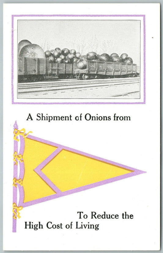 EXAGGERATED ANTIQUE POSTCARD SHIPMENT OF ONIONS TO REDUCE COST OF LIVING