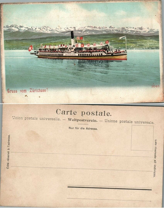 GRUSS VOM ZURICHSEE SHIP WAEDENSWIL LAKE ZURICH SWITZERLAND ANTIQUE POSTCARD