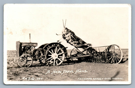 EXAGGERATED GRASSHOPER w/TRACTOR FARMING VINTAGE REAL PHOTO POSTCARD RPPC KS