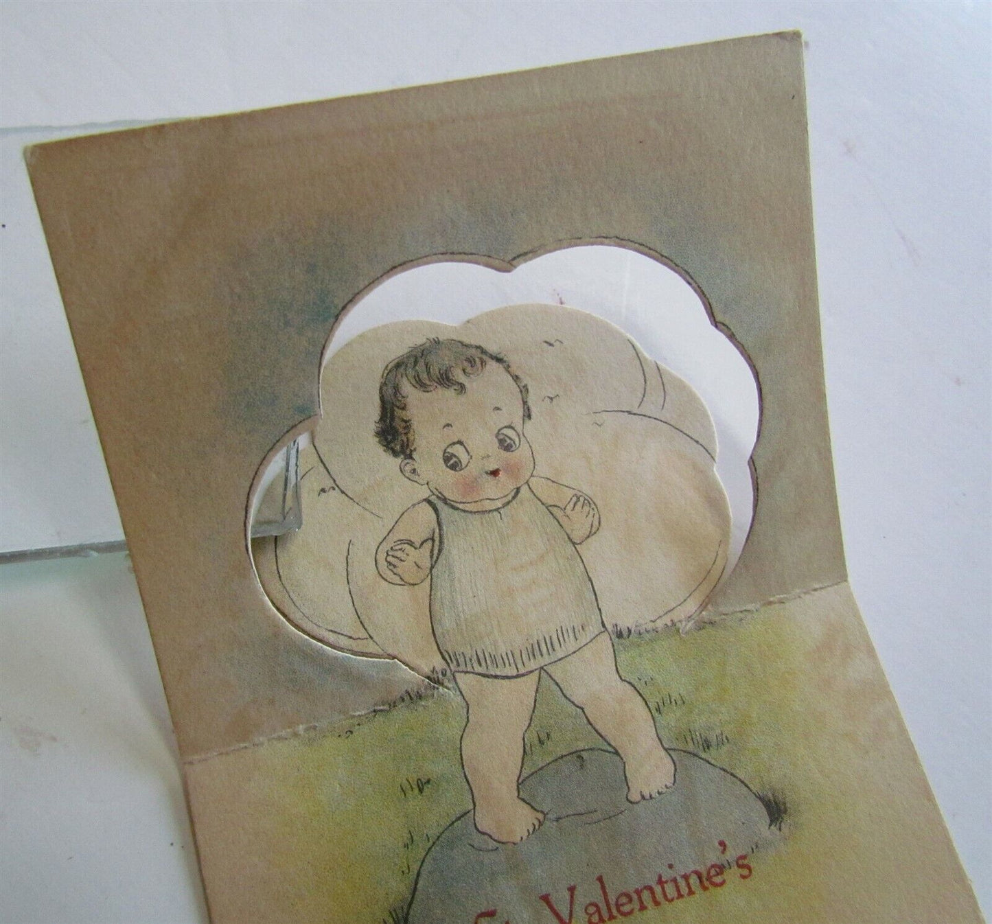 VALENTINE DAY MECHANICAL ANTIQUE POSTCARD - BABY w/ CUT OUT BACKGROUND