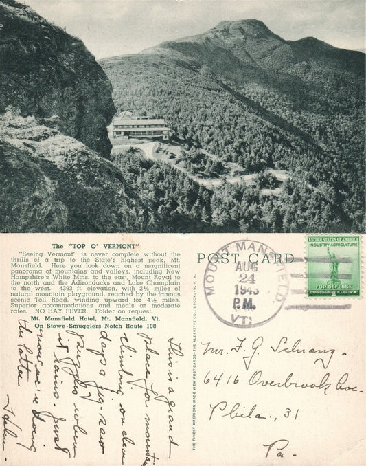 MT.MANSFIELD HOTEL VT ADVERTISING 1940 VINTAGE POSTCARD