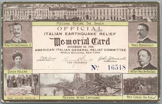 AMERICAN ITALIAN Messsina EARTHQUAKE RELIEF COMMITTEE ANTIQUE POSTCARD