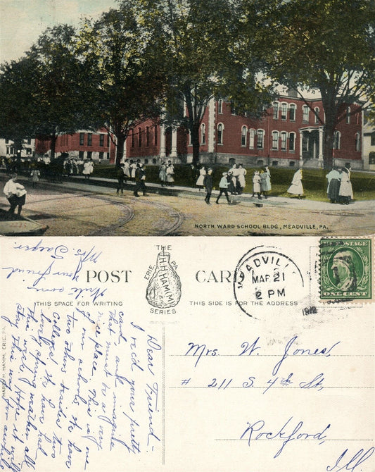 MEADVILLE PA NORTH WARD SCHOOL BUILDING 1912 ANTIQUE POSTCARD