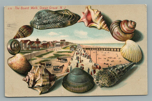 OCEAN GROVE NJ THE BOARD WALK SHELL BORDERS ANTIQUE POSTCARD