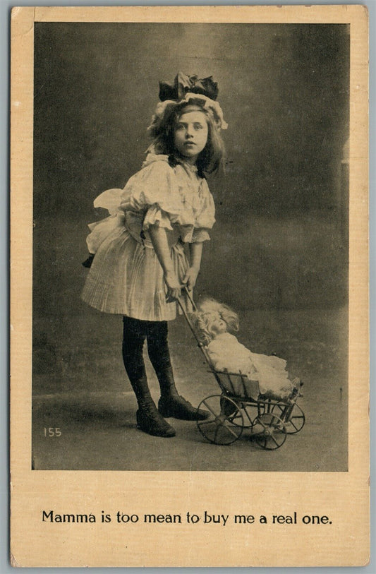 GIRL w/ DOLL STROLLER ANTIQUE POSTCARD