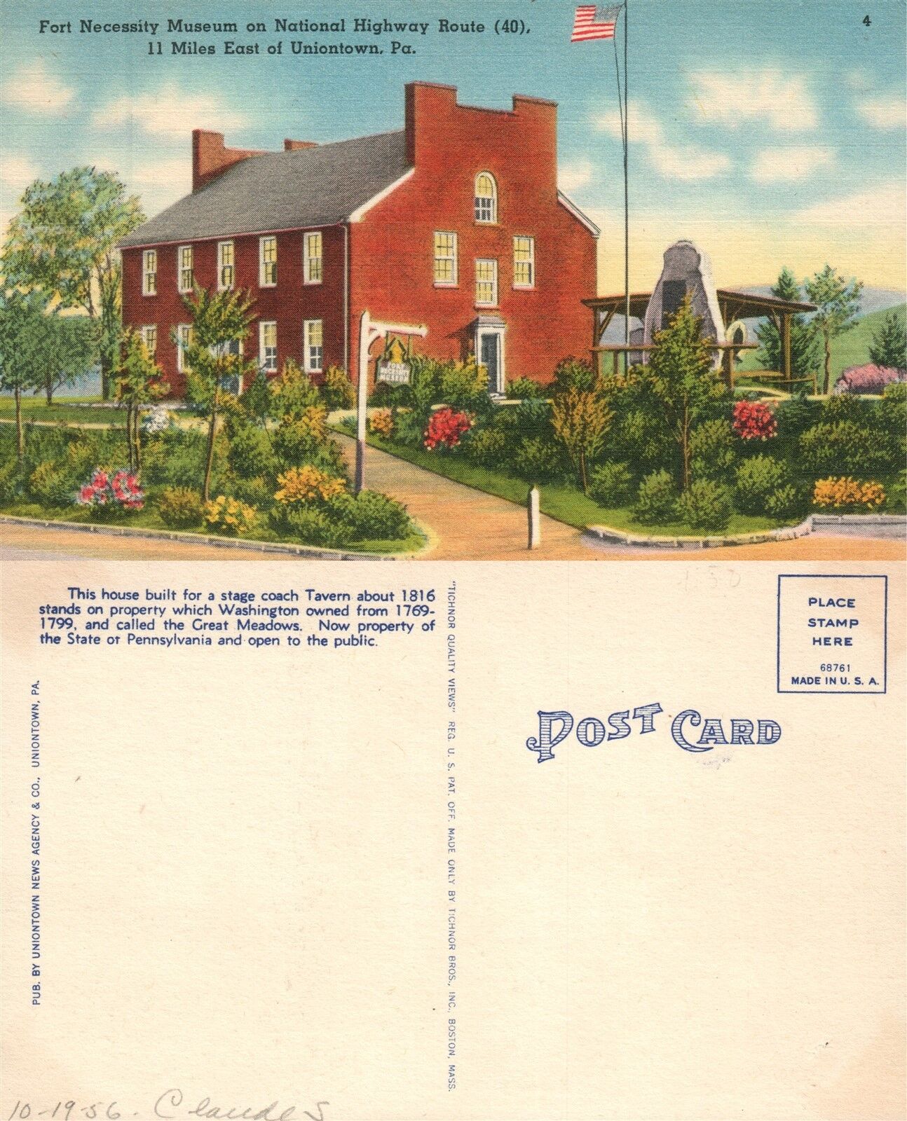 UNIONTOWN PA NATIONAL HIGHWAY FORT NECESSITY MUSEUM VINTAGE POSTCARD