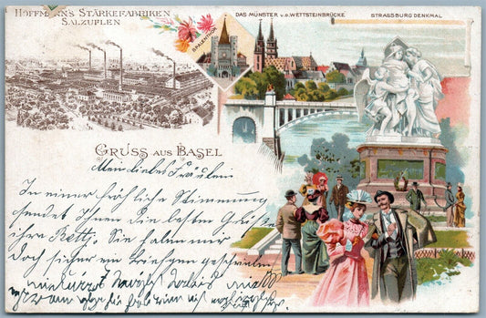 GRUSS AUS BASEL SWITZERLAND UNDIVIDED ARTISTIC ANTIQUE POSTCARD w/ STAMP