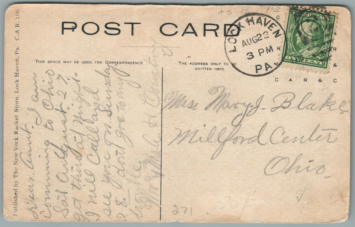 LOCK HAVEN PA NEW HOSPITAL ANTIQUE POSTCARD