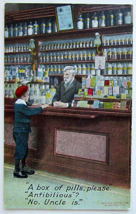 VINTAGE COMIC POSTCARD PHARMACY INTERIOR