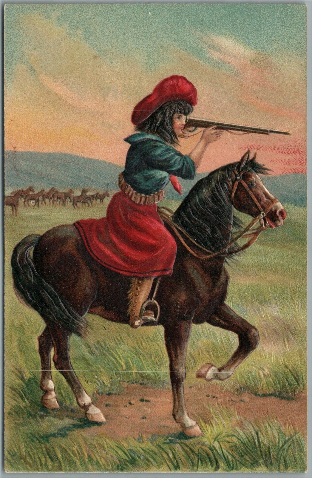 COWGIRL w/ RIFLE ANTIQUE POSTCARD