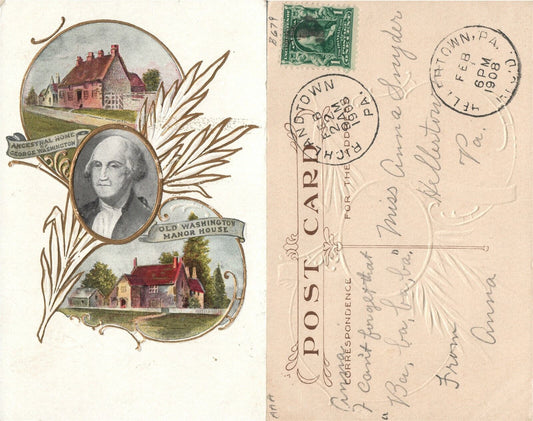 PATRIOTIC ANTIQUE EMBOSSED 1908 POSTCARD OLD WASHINGTON'S MANOR HOUSE