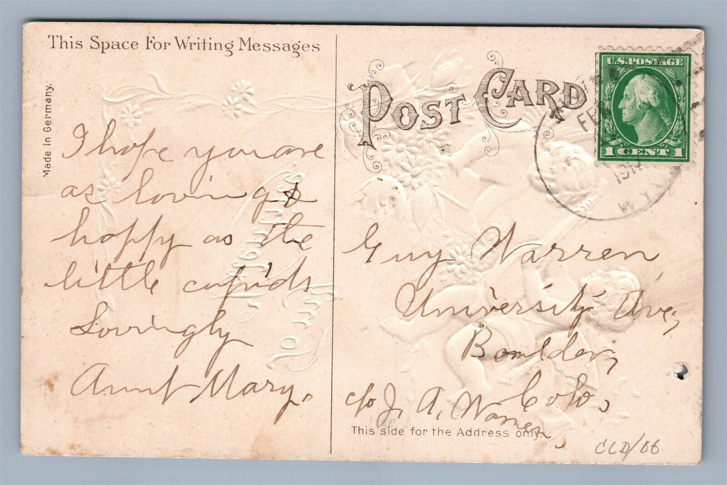 TO MY VALENTINE EMBOSSED ANTIQUE POSTCARD CUPIDS w/ BANJO & BOOK