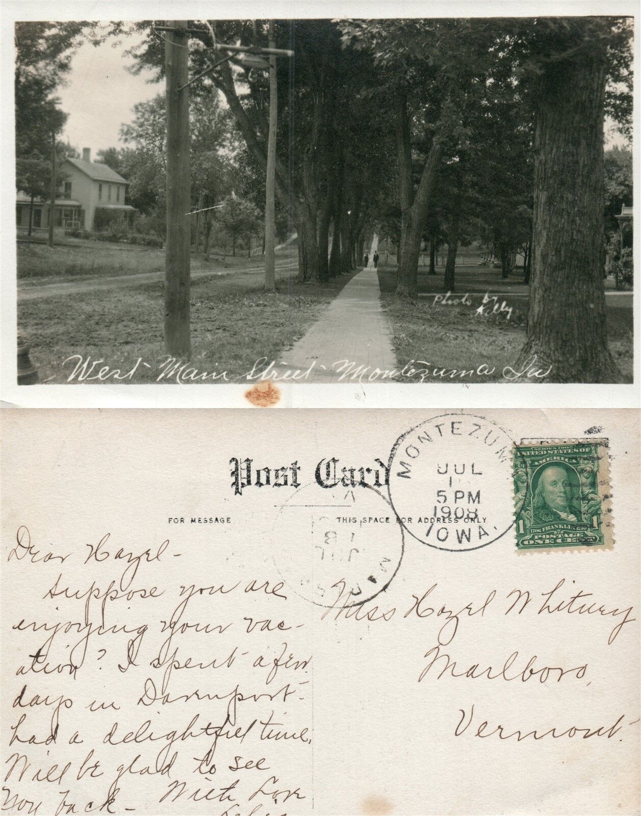 MONTEZUMA IA WEST MAIN STREET REAL PHOTO ANTIQUE 1908 POSTCARD RPPC