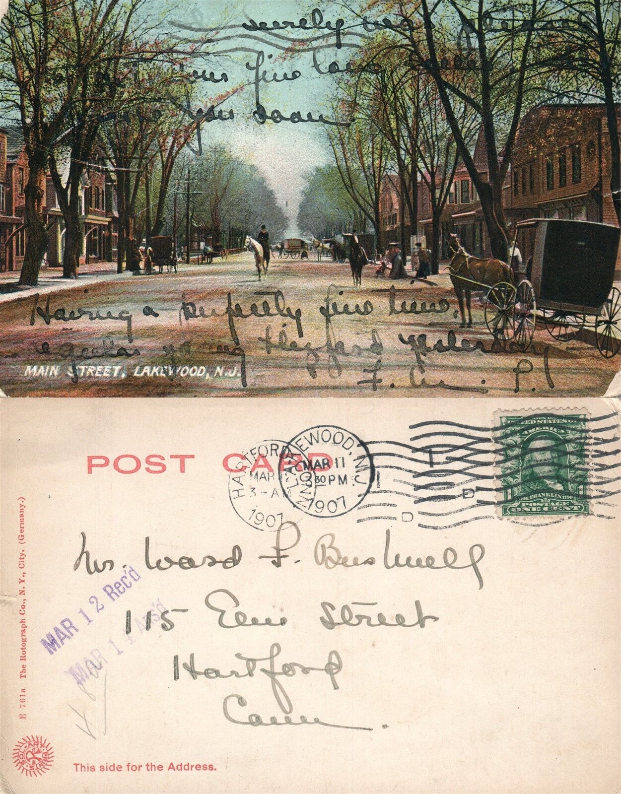 LAKEWOOD N.J. MAIN STREET 1907 UNDIVIDED ANTIQUE POSTCARD