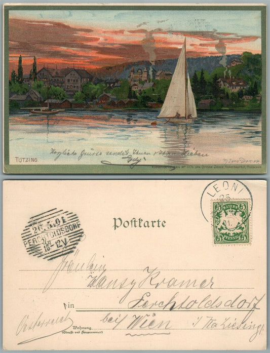 TUTZING BAVARIA GERMANY 1901 ANTIQUE POSTCARD w/ stamp ARTIST SIGNED M.Z.DIENER