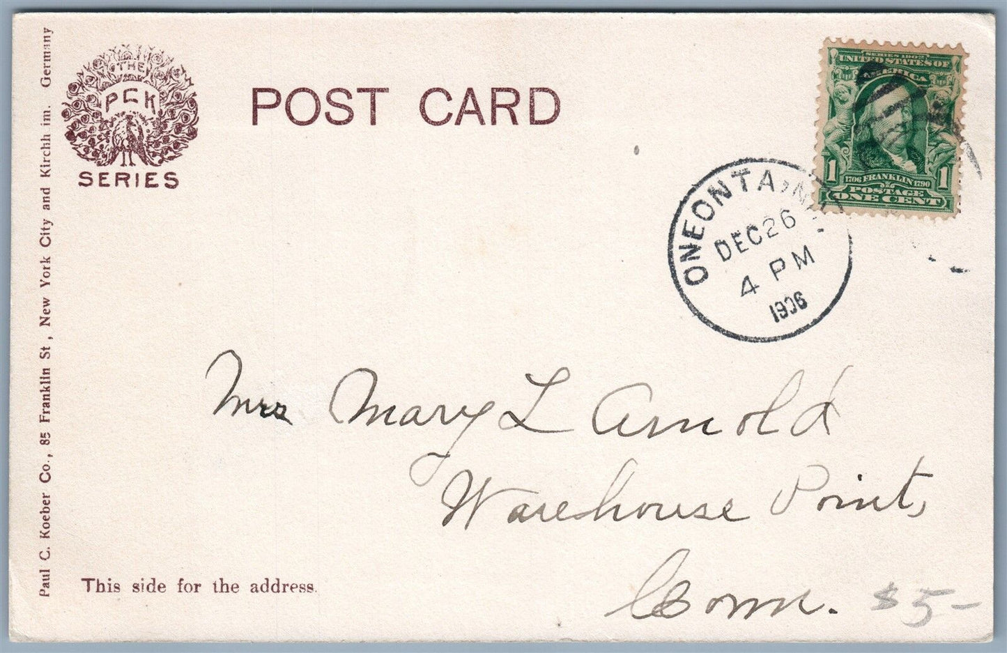 ONEONTA NY MAIN STREET 1906 ANTIQUE POSTCARD w/ CORK CANCEL