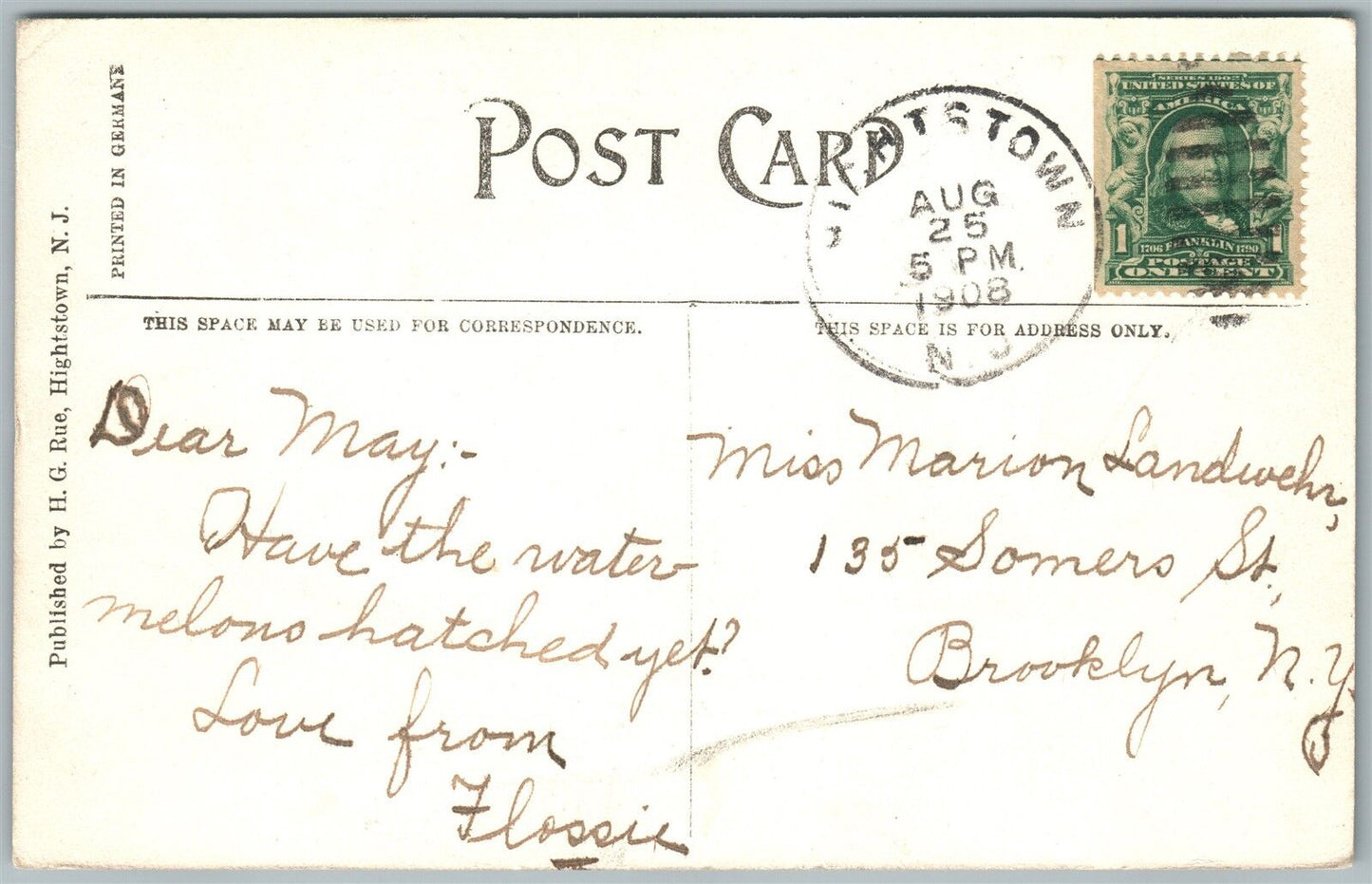 HIGHTSTOWN NJ STOCKTON STREET SOLDIER'S MONUMENT ANTIQUE POSTCARD w/ CORK CANCEL