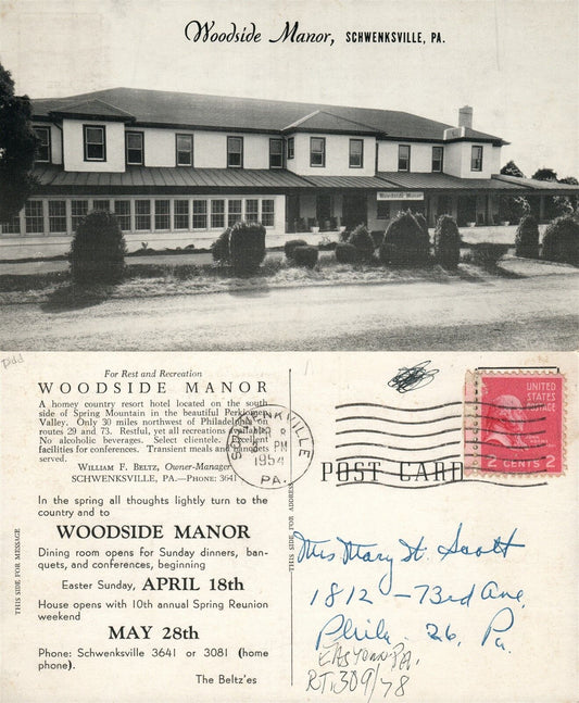 SCHWENKSVILLE PA PERKIOMEN VALLEY PA WOODSIDE MANOR HOTEL 1954 VINTAGE POSTCARD