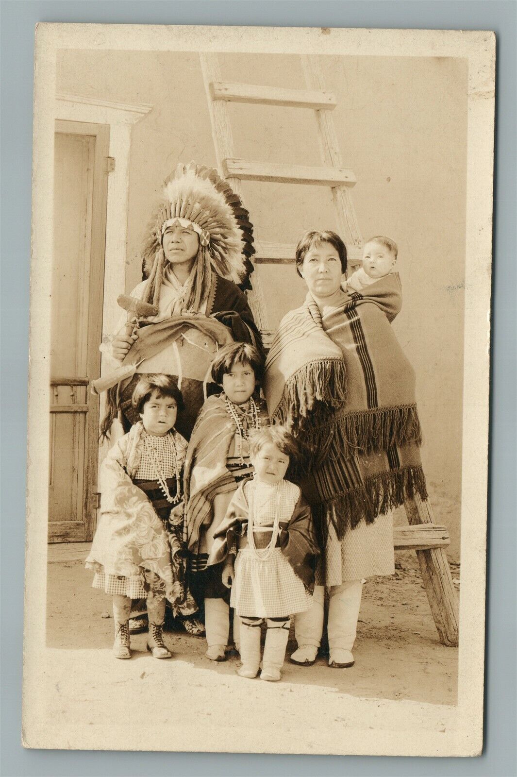 AMERICAN INDIAN YOUNG CHIEF w/ FAMILY ANTIQUE REAL PHOTO POSTCARD RPPC