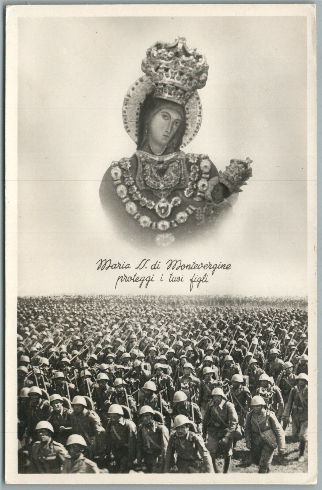 ITALIAN SOLDIERS w/ MADONNA MONTEVERGINE ICON ANTIQUE REAL PHOTO POSTCARD RPPC