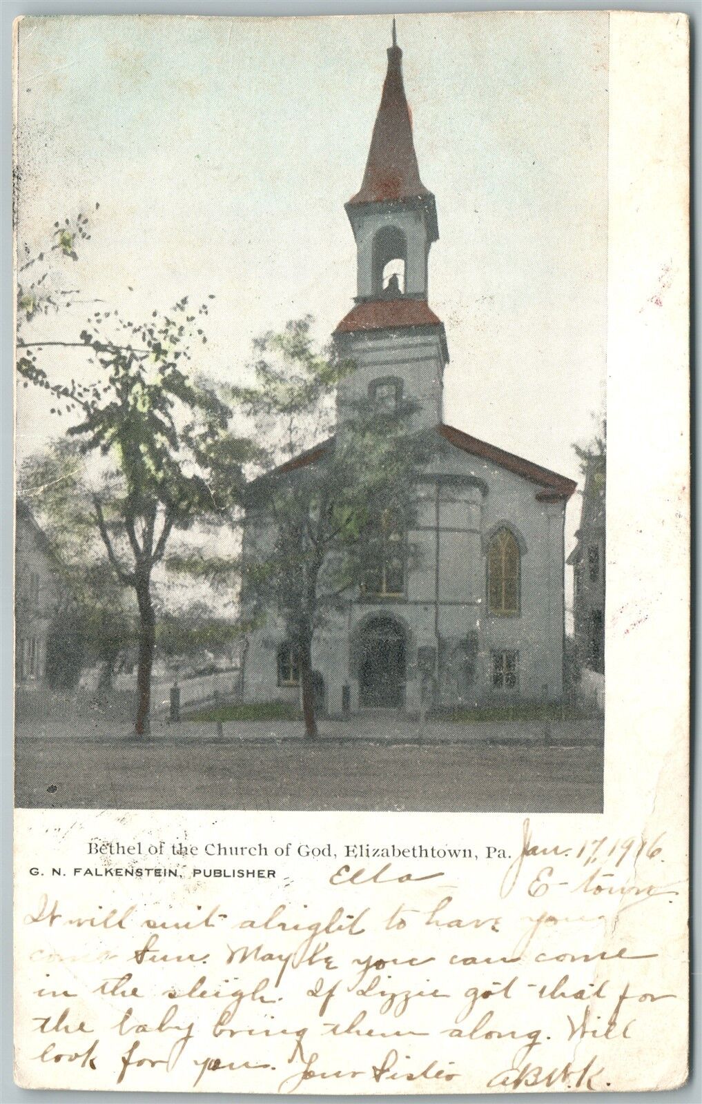 ELIZABETHTOWN PA BETHEL OF THE CHURCH OF GOD 1907 ANTIQUE POSTCARD w/ CORK STAMP