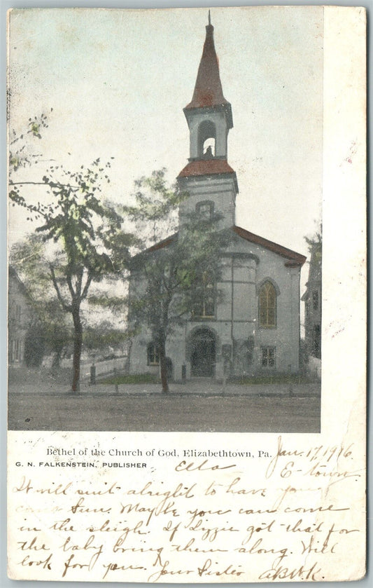 ELIZABETHTOWN PA BETHEL OF THE CHURCH OF GOD 1907 ANTIQUE POSTCARD w/ CORK STAMP