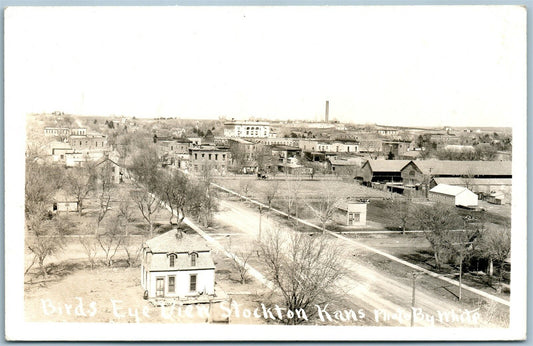 STOCKTON KS BIRDS EYE VIEW ANTIQUE REAL PHOTO POSTCARD RPPC