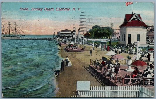 CHARLOTTE NY BATHING BEACH 1911 ANTIQUE POSTCARD