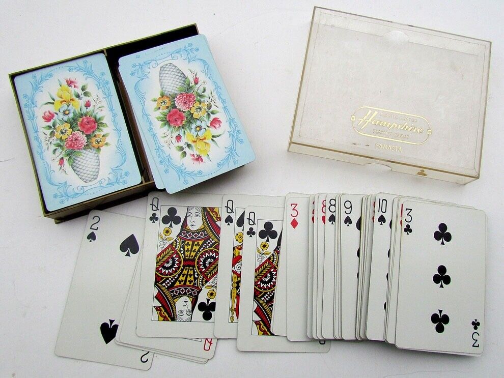 VINTAGE HAMPSHIRE CANASTA PLAYING CARDS DOUBLE DECK w/ PLASIC BOX w/ FLOWER BACK